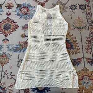 SHEIN Cream High Neck Crochet Swim Coverup Dress Open Cut Out Back Large